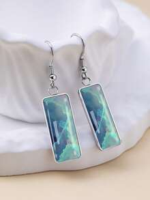 1 Pair Gradient Blue & Green Starry Sky Pattern 316 Stainless Steel Earring Hooks, Brilliant Minimalist Style Suitable For Women's Daily Wear And Gifts, Elegant Minimalist Jewelry Earrings Suitable For Women's Daily And Vacation Wear - Turquoise - View 7