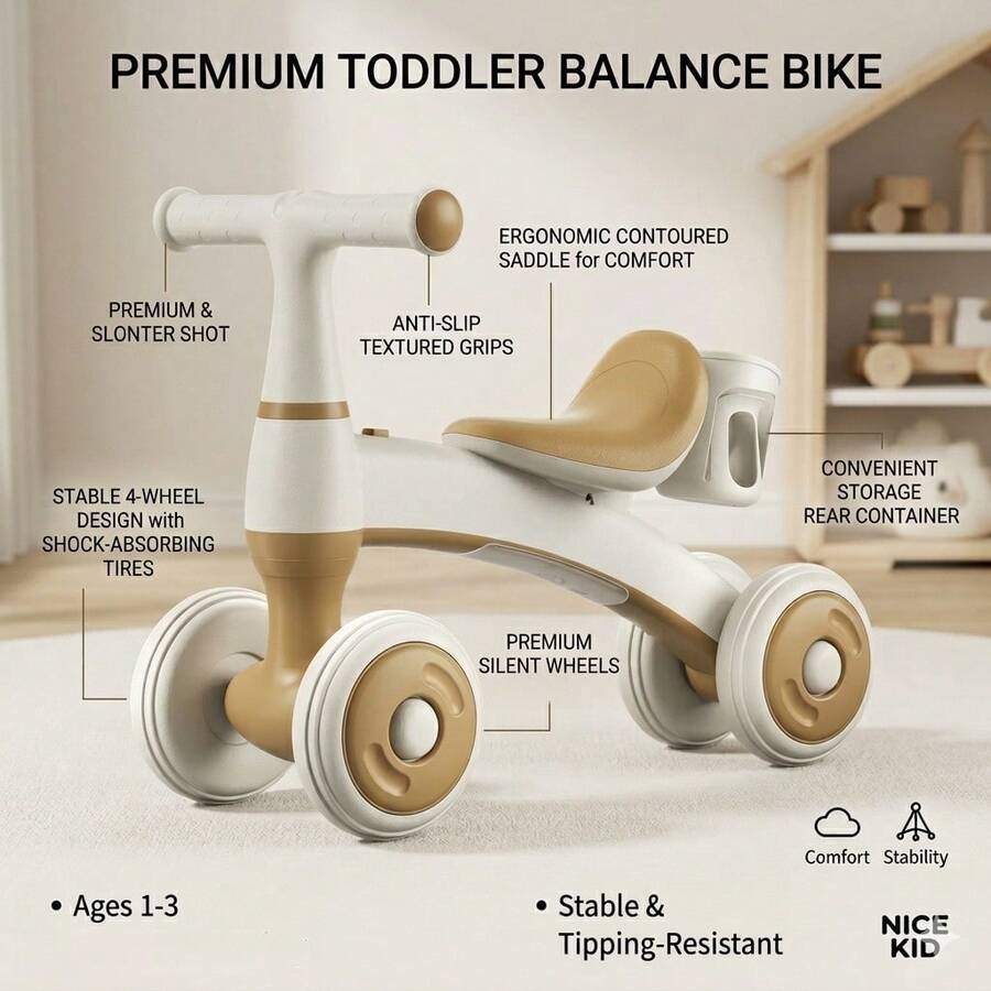 TONSSIDA Balance Bike For 12-36 Months – Children's Ride-On Car With 4 Wheels – Anti-Tip Protection & Non-Slip Tires – First Birthday Gift For Boys & Girls – Indoor & Outdoor Toy - Champagne - View 1