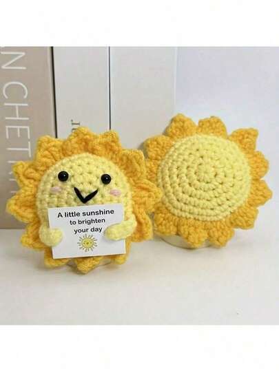 1 stuk handgemaakte gehaakte zonnebloemdecoratie met een kaartje met een zegenwens, schattige bureauversiering, geschikt voor de slaapkamer van een vrouw, een inspirerend cadeau. Handgemaakte gehaakte zonnebloemdecoratie, tafeldecoratie voor een bruiloft, mooie gebreide bloemdecoratie, kamerdecoratie, bruiloftscenterpiece, decoratief cadeau voor thuisfeestjes.
