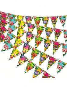 12pcs/Set 129in Hawaiian Party Banner, Triangle Pennant Flags With Flamingo And Leaf Patterns, Suitable For Wedding, Birthday, Wall And Ceiling Decor, Holiday Celebration, Summer Hanging Party Decoration, Indoor Home Decor - Multicolor - View 2