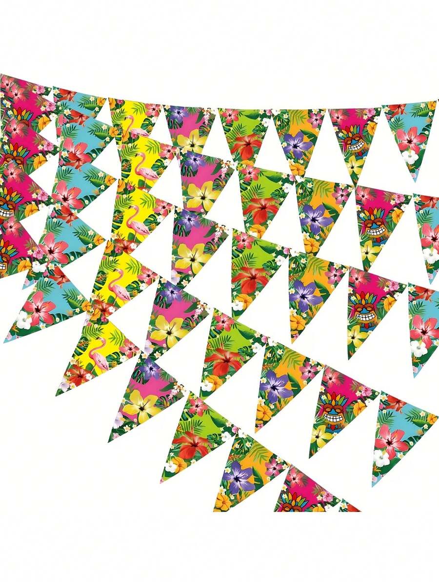 12pcs/Set 129in Hawaiian Party Banner, Triangle Pennant Flags With Flamingo And Leaf Patterns, Suitable For Wedding, Birthday, Wall And Ceiling Decor, Holiday Celebration, Summer Hanging Party Decoration, Indoor Home Decor