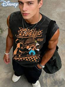 Disney Goofy 1938 Checkered Officially Licensed Men's Sleeveless Graphic Tee, 100% Cotton 230g Washed Vintage Casual Shirt - 黑色 - 查看 1