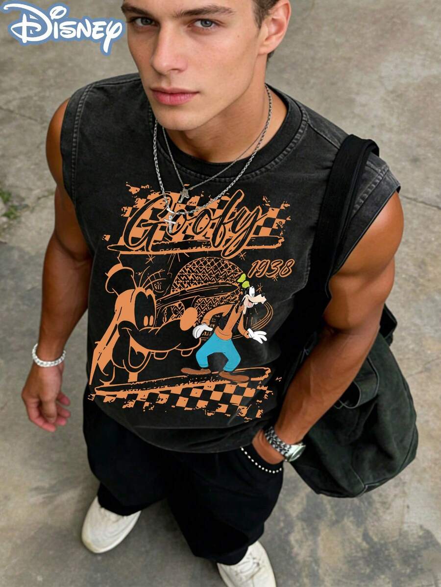 Disney Goofy 1938 Checkered Officially Licensed Men's Sleeveless Graphic Tee, 100% Cotton 230g Washed Vintage Casual Shirt - 黑色 - 查看 1
