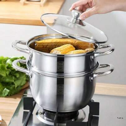 Bộ hấp bằng thép không gỉ chất lượng cao, bao gồm nồi, khay hấp và nắp, làm từ thép không gỉ 304, dày dặn và bền chắc, có thể rửa bằng máy rửa chén, đáy dẫn nhiệt nhanh, phù hợp với mọi loại bếp.