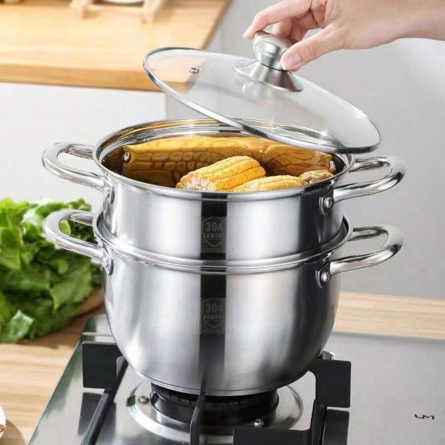 Bộ hấp bằng thép không gỉ chất lượng cao, bao gồm nồi, khay hấp và nắp, làm từ thép không gỉ 304, dày dặn và bền chắc, có thể rửa bằng máy rửa chén, đáy dẫn nhiệt nhanh, phù hợp với mọi loại bếp.