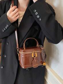 Fashionable New Elegant Solid Color PU Material Portable Square Bag, Mini PU Bag, Waterproof Fabric Burgundy Bag, Letter Pattern Decor Design Box Bag, Suitable For Travel, Shopping, Party, Commuting - Brown - View 6