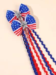 2 piezas Clips para el cabello con lazo para el Día de la Independencia del 4 de julio para niñas, con brillos en rojo, cinta blanca y azul con estrellas, diadema elegante de cola larga, pasadores para el cabello adecuados para fiestas festivas, uso diario, accesorios para el cabello patrióticos para niñas. - Multicolor - Ver 5