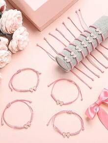 6 piezas Pulseras trenzadas con moño lindo, regalos ajustables de cuerda para animadoras, damas de honor, fiesta de cumpleaños, adecuado para equipo de baile de animación de amigos - rosa - Ver 1