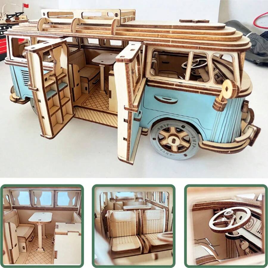 Rompecabezas de coche de madera 3D para Campervan de estilo europeo, autobús Retro, barco de vela, avión, casa de construcción, modelo, rompecabezas, juguetes para niños - HVELONG - Ver 1