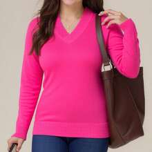 Women's Sweater Blouse, V-Neck, Plain, Basic, Knit, Long Sleeve, Autumn/Winter - Rose Red - View 3
