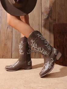 Women's Western Cowboy Boots Square Toe Embroidered  1.37-Inch Low Chunky For Country Music Festivals Theme Party And Concert Mid-Calf Boots - màu nâu - Xem 1