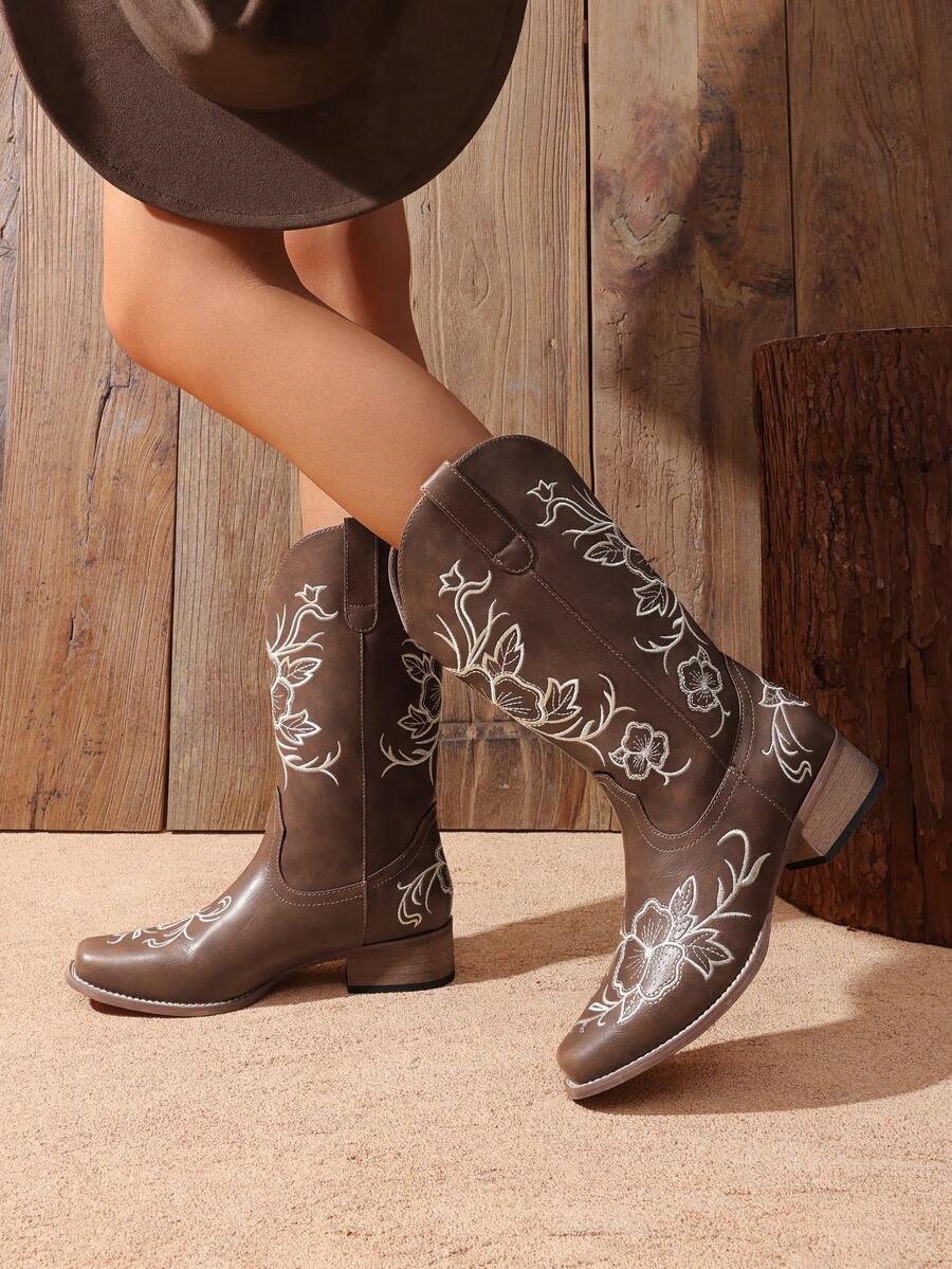 Women's Western Cowboy Boots Square Toe Embroidered 1.37-Inch Low Chunky For Country Music Festivals Theme Party And Concert Mid-Calf Boots - màu nâu - Xem 1