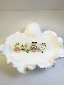 4件套简约锌合金珐琅粉色水钻花朵戒指套装，女士日常佩戴珠宝礼品 - 32396-ring-colour - 查看 8