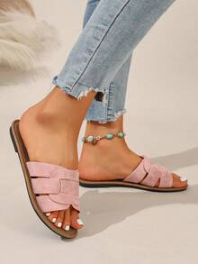Ximi Ruo Korean Style Casual Flat Slippers, Women's Shoes, Open Toe Sandals For Spring, Summer, Suitable For Dresses, Beach, Apartment, Brown Flat Slippers For Women - Pink - View 2