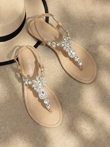 Flat Sandals For Women Dressy Rhinestone T-Strap Thong Flat Sandals For Summers Dress Beach - 杏色 - 查看 1