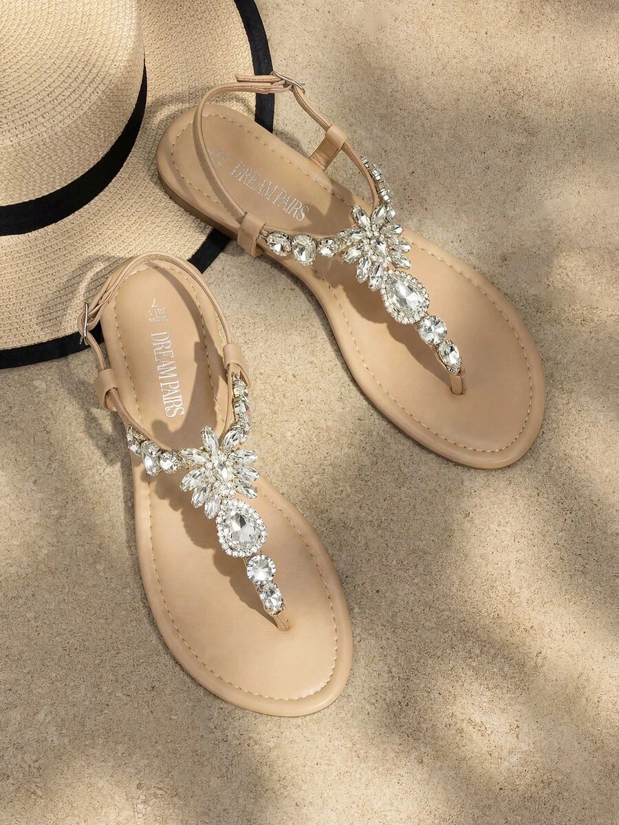Flat Sandals For Women Dressy Rhinestone T-Strap Thong Flat Sandals For Summers Dress Beach - 杏色 - 查看 1
