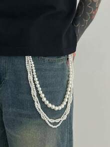 1件复古朋克风多层仿珍珠腰链，水晶十字架装饰，男女通用配饰，创意男友生日礼物 - 多層珍珠褲鏈 - 查看 8