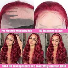 Uveous Pelucas de cabello humano con frente de encaje borgoña de 28 pulgadas y densidad del 180 % 99J, 13 x 4 HD, transparente, con ondas corporales, prearrancado, 99J, color vino tinto burdeos, sin pegamento, para mujeres - S99J - Ver 7