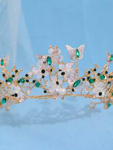 1pc Elegant Women's Colorful Crystal Crown Hair Accessory, Butterfly & Floral Decor, Luxurious Zinc Alloy Bridal Tiara,Travel,Birthday, Coronas, Headpiece - Green - View 4