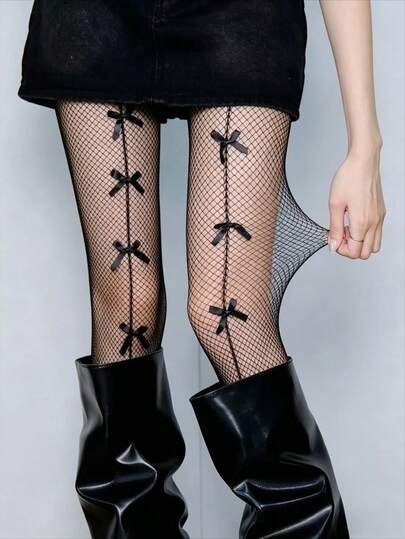 1 Pair Of Lace Bow Tie Netted Stockings, Stylish And Elegant Silk Stockings For Women, Thin Design To Prevent Snagging, Summer Ultra-Thin JK Socks With Pantyhose, Black Stockings, Suitable For Date Outfits.