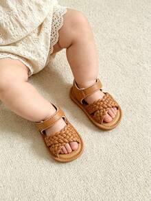 Infant/Toddler Girls' PU Leather Soft Bottom Open Toe Floral Princess Flat Sandals, Summer - Brown - View 4