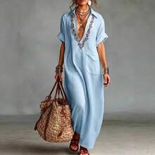 2026 Spring/Summer European And American New Style Loose Women's Embroidered Pocket Casual Turn-Down Collar Cotton-Linen Dress - 黃色 - 查看 3