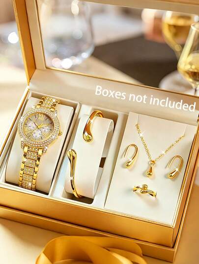 Set de 6 relojes de mujer: Reloj pulsera con cadena dorada y rhinestones, regalo romántico de lujo. También incluye pulsera con forma de lágrima, collar, aretes y anillo. Adecuado para uso diario, ideal para regalos de San Valentín, Día de la Madre y cumpleaños.