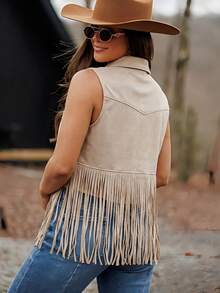 RELISH NOLESS Trang phục miền Tây dành cho nữ, phong cách cao bồi, boho, hippie, quý tộc cổ điển, áo khoác da lộn tua rua dự lễ hội. - Màu be - Xem 4