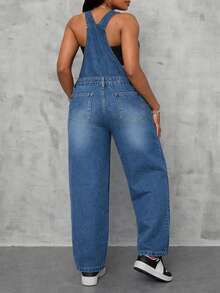 Plus Size Women's Washed Blue Loose Casual Denim Jumpsuit Vacation Spring - Blue - View 3