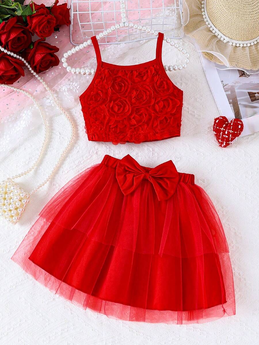 Set di top a canottiera con decorazione a rose e gonna a più strati in tulle con fiocco, per ragazze in estate - Rosso - Visualizzare 1