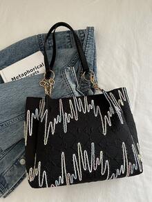 1 pieza Bolso de hombro con cremallera de gran capacidad, de poliéster, con diseño de parches a rayas de color contrastante, adecuado para uso diario de mujeres - Negro - Ver 8