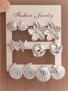 2-12pcs Silver-Tone CCB Material Seashell & Spiral Design Earrings, Elegant Chic Suitable For Mother's Day, Music Festival, Commute, Daily Wear - Multicolor - View 1