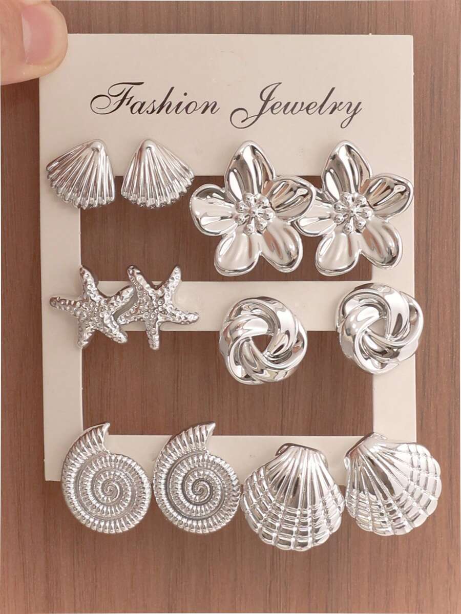 2-12pcs Silver-Tone CCB Material Seashell & Spiral Design Earrings, Elegant Chic Suitable For Mother's Day, Music Festival, Commute, Daily Wear - Multicolor - View 1