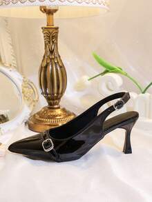 Giày cao gót nữ mũi nhọn, kiểu dáng thanh lịch, quai cài, chất liệu bóng, kiểu slingback, gót nhọn, màu đen, phù hợp cho công sở và hẹn hò. - màu đen - Xem 3