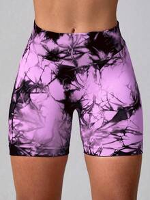 NcmRyu 1pc Women High Waist Seamless Elastic Tie-Dye Sports Fitted Shorts - Pink - View 10