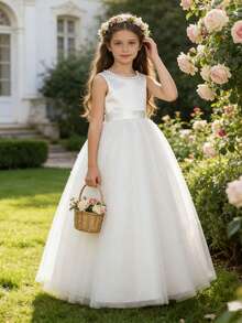 Vestido largo elegante sin espalda con lazo, perlas y tul para niña preadolescente, vestido de princesa, vestido de fiesta de cumpleaños, vestido para actuación en el escenario, sesión de fotos, vestido de dama de honor para boda, vestido de graduación - Blanco - Ver 3