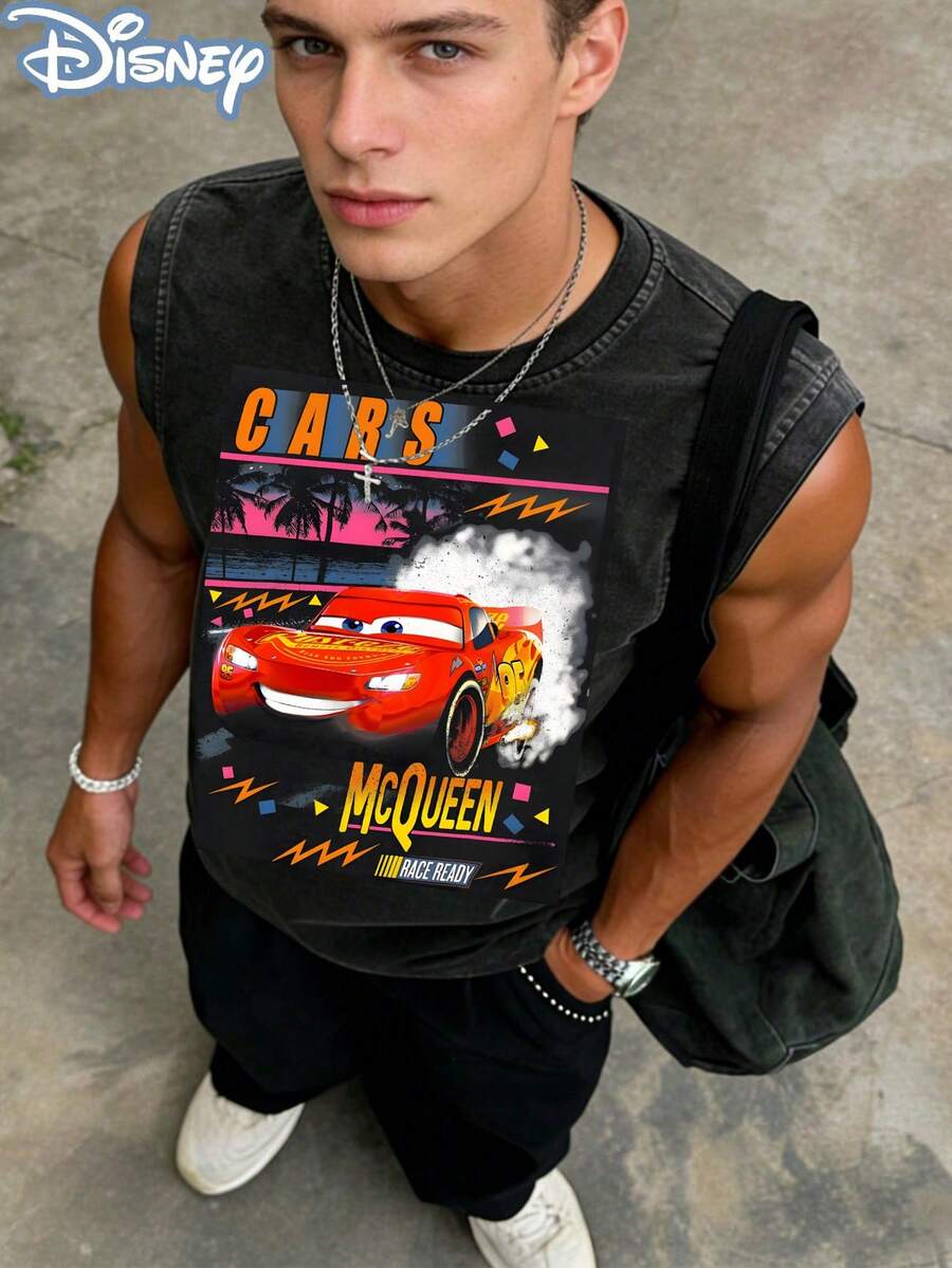 Camisetas sin mangas para hombre con licencia oficial de Disney, 100 % algodón, estampado Cars Race Ready, lavadas, 230 g, cuello redondo estilo retro vintage, ropa cómoda e informal. - Negro - Ver 1