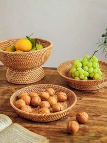 Handwoven Fruit Basket Rattan Tray, Japanese Style Bread Basket, Steamed Bun Basket, Storage Basket, Bamboo Woven Living Room Home Decor Tray - Brown - View 2