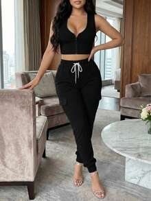 Summer New Women's Casual Comfortable Solid Color Sleeveless Tank Top And Elastic Waist Pocket Long Pants 2 Pieces Set - Black - View 1