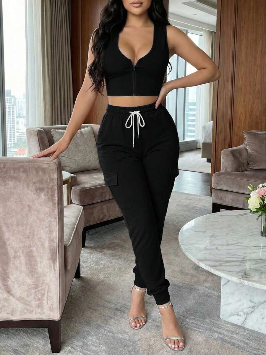 Summer New Women's Casual Comfortable Solid Color Sleeveless Tank Top And Elastic Waist Pocket Long Pants 2 Pieces Set - Black - View 1