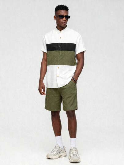 Voidago Men's Casual Fashion Set, Short Sleeve Cardigan Top Paired With Drawstring Shorts, 2-Piece Set, Solid Color Contrast Splice Design, Loose Fit Shirt & Shorts