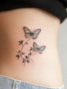 1 pieza Tatuaje temporal lavable de mariposa y enredadera con dibujo minimalista, de estilo fresco y versátil para la cintura/costado, resistente al agua y dura de 2 a 3 días - Negro - Ver 3