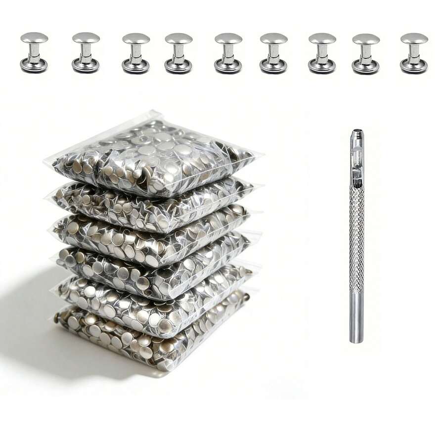 【100个装，含工具】金属双头铆钉，6x6mm 圆钉铆钉，铁质管状按扣铆钉，适用于皮革工艺、鞋履、包袋、腰带、服装维修及DIY项目 - 圖片色 - 查看 1