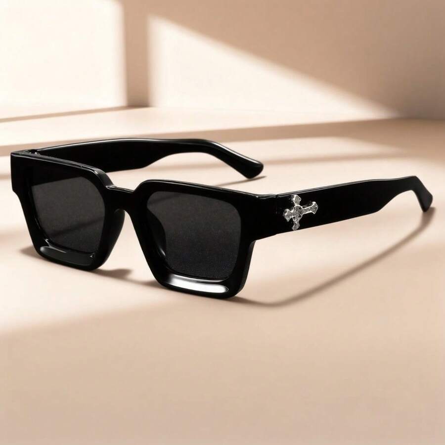 1 Pair Unisex Square Frame Decor Glasses, Classic Versatile Daily Wear Fashion Eyewear, Gift For Friends - قطعة واحدة - إطار أسود مع غشاء رمادي - مشاهدة 1