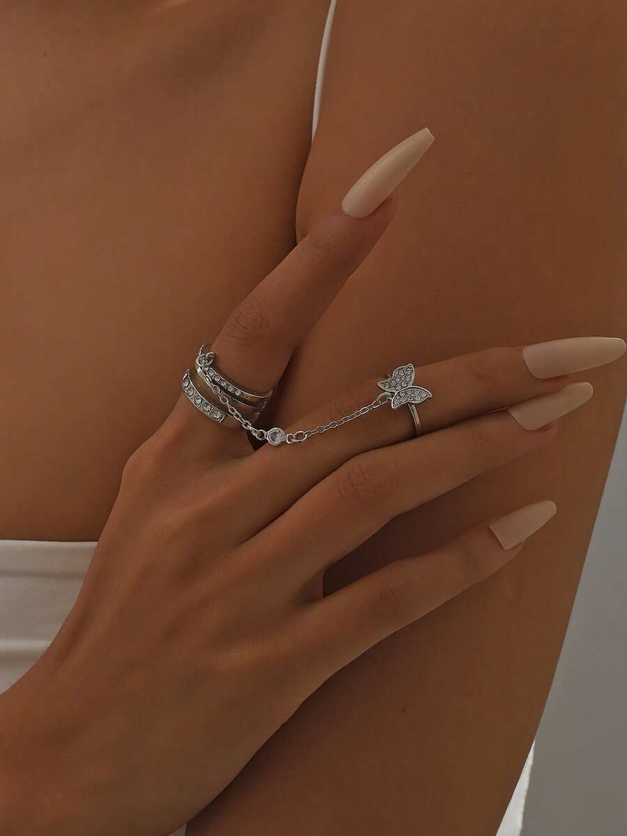 1枚银色蝴蝶水钻优雅简约设计戒指 - 銀色 - 查看 1