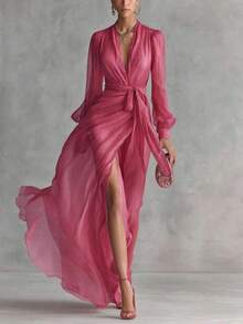 Women's Elegant V Neck Short Sleeve Dress, Split Hem Tie Waist Dress For Office & Wedding - 玫紅色 - 查看 9