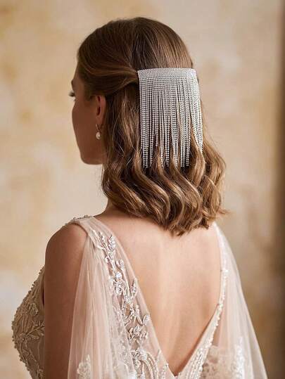 1件装时尚灰色水晶流苏发夹，手工蝴蝶结设计发饰，新娘头饰，婚礼派对发饰，个性化礼物，春夏发饰