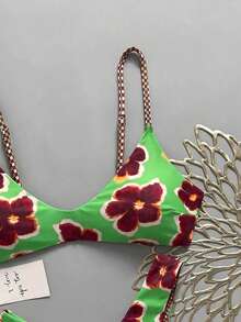 Ensemble de bikini réversible à imprimé carreaux et floral avec nœud pour femme "Lucky Girl", idéal pour la plage, les vacances - Vert - Voir 3