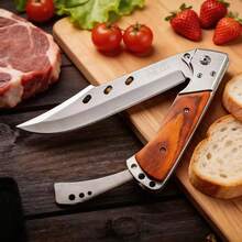 Cuchillo de fruta plegable de alta calidad, mango de madera roja antideslizante, hoja persistentemente afilada, corta frutas, verduras y carne sin enganches, no causa fatiga ni dolor al agarrarlo durante mucho tiempo, fácil de limpiar, basta con enjuagar con agua. - Color caoba - Ver 2
