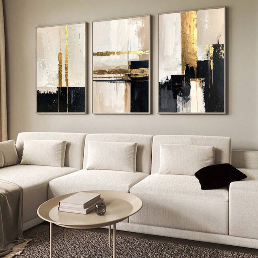 1/3pcs Modern Black Gold Beige Textured Wall Art Picture Minimalist Neutral Prints Canvas Paintings Abstract Posters Foil Accents For Living Room Bedroom Office Decor Gift For Her Unframed - Pattern - View 1